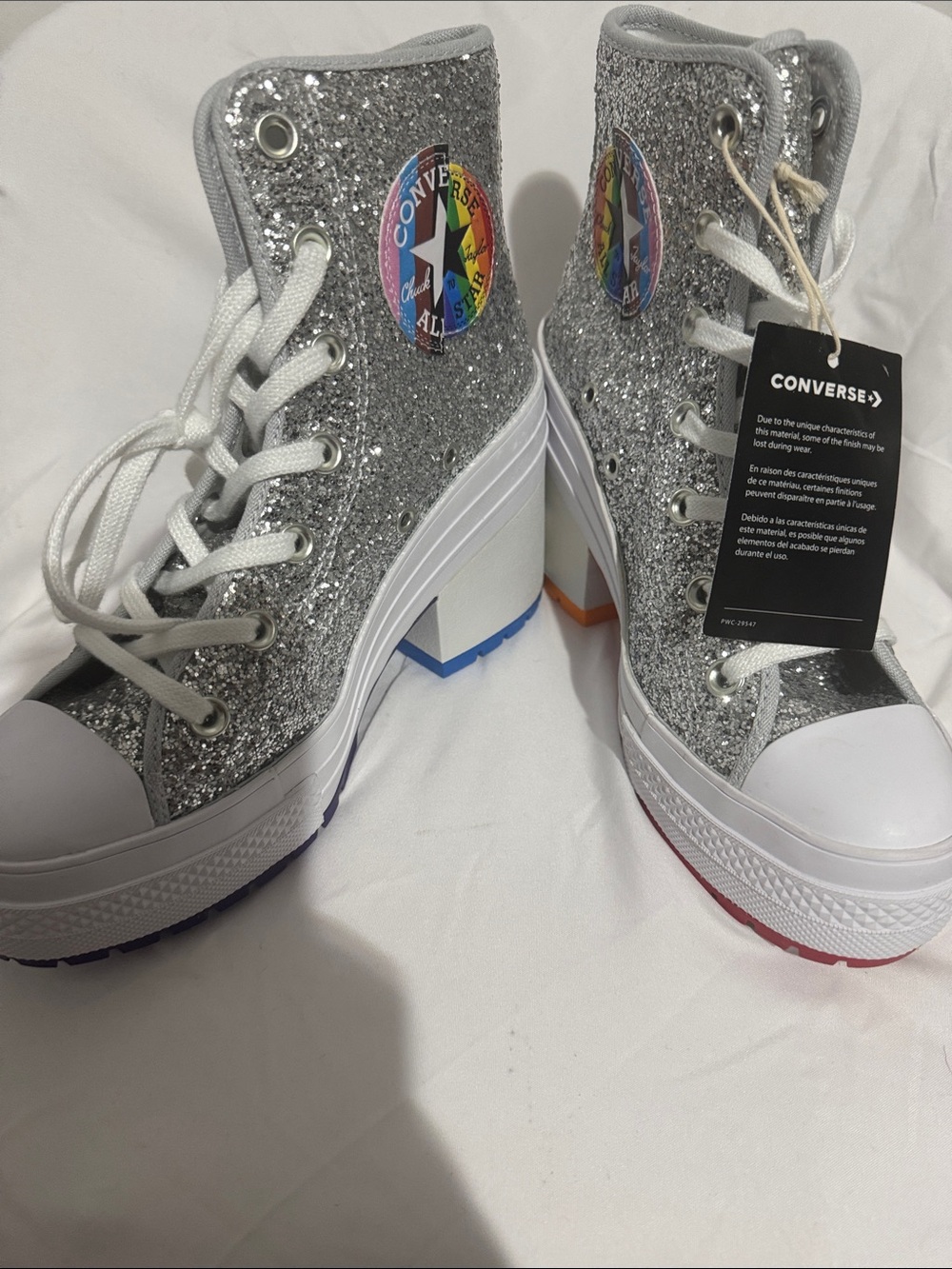 Converse Silver Glitter Platform High-Top Sneakers with Rainbow Patch